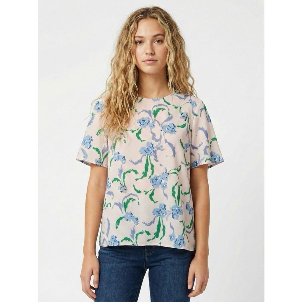 Prabal Gurung Collective Floral Blouse 8 Ivory Blue Brushstroke Short Sleeve Top